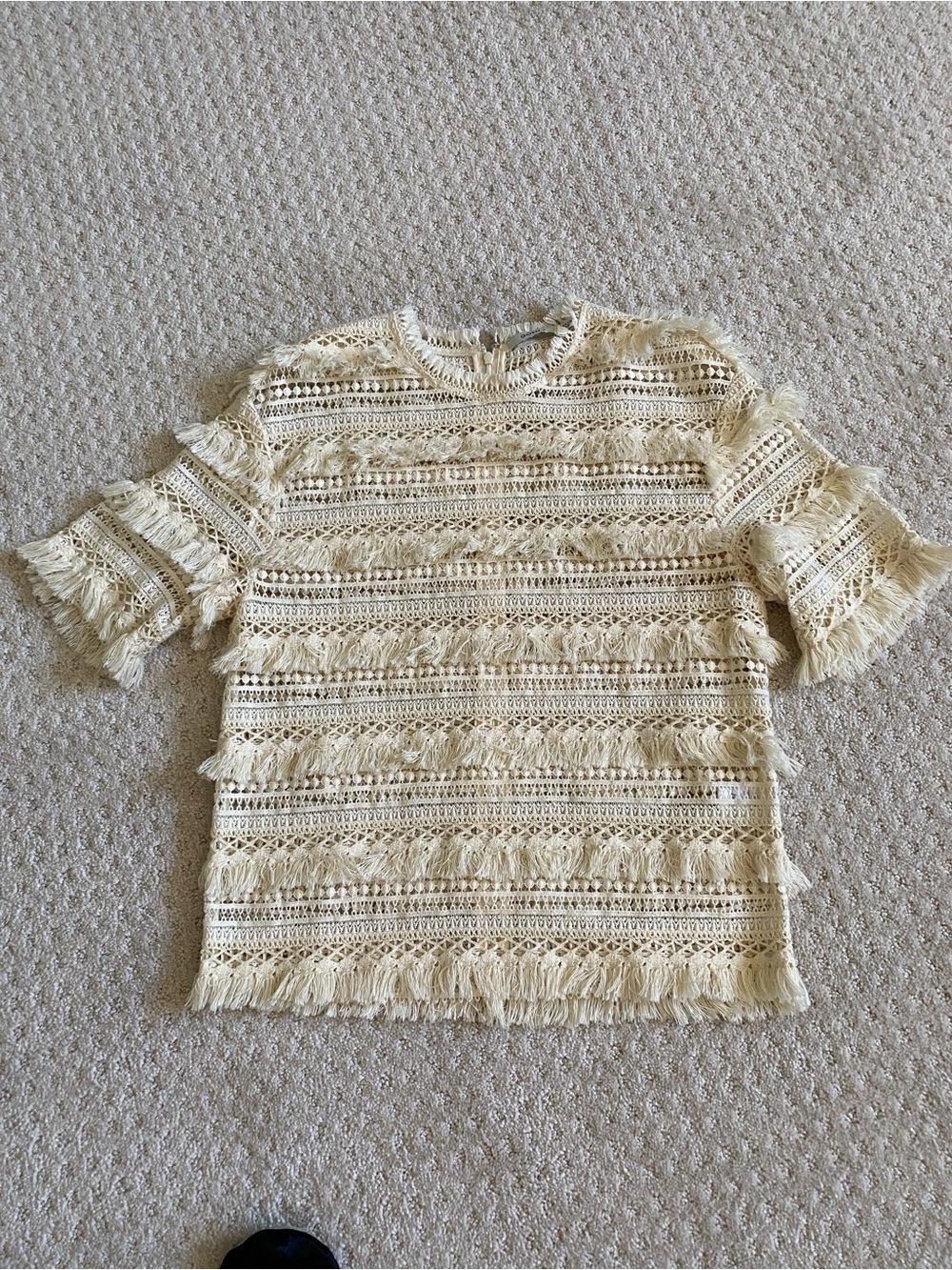 GOEN J - Fringed Crochet Short-Sleeve Blouse in Cream